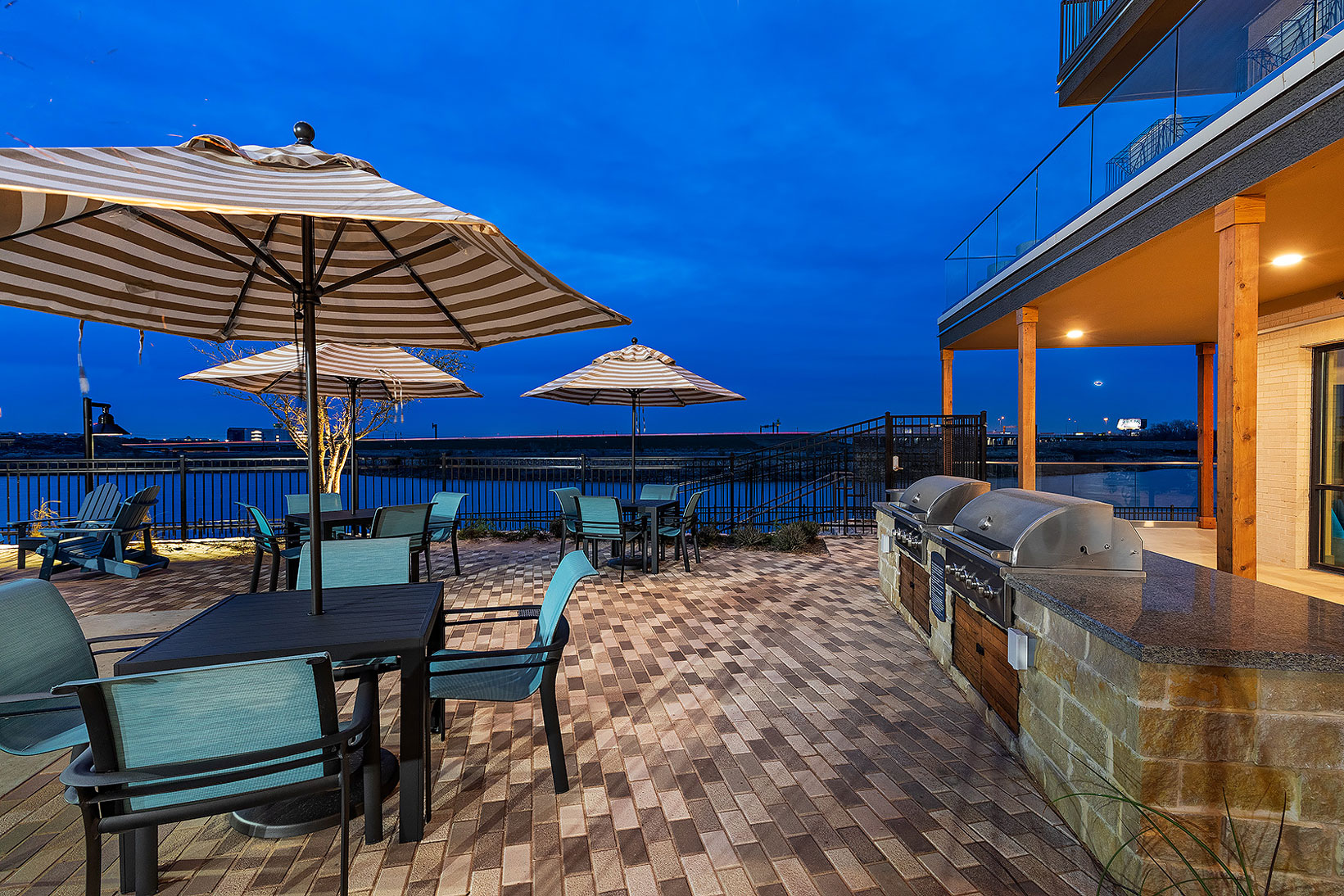 night shot near grill patio overlooking the lake